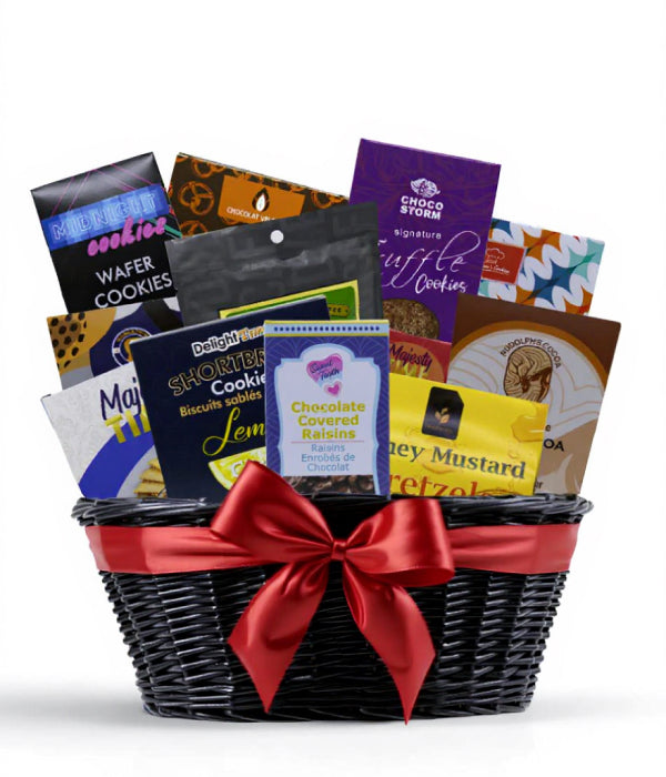 Gourmet Collection gift basket with cookies, snacks, and a red bow.