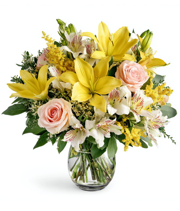 Joyous Delight bouquet of yellow lilies and pink roses