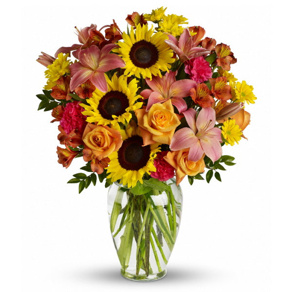 Autumn fields bouquet with sunflowers and lilies.