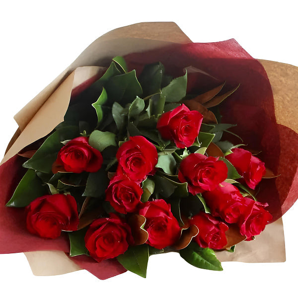 Handheld bouquet of one dozen red roses