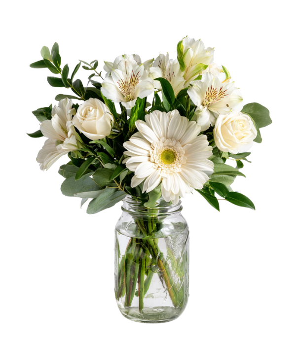 White flowers in mason jar