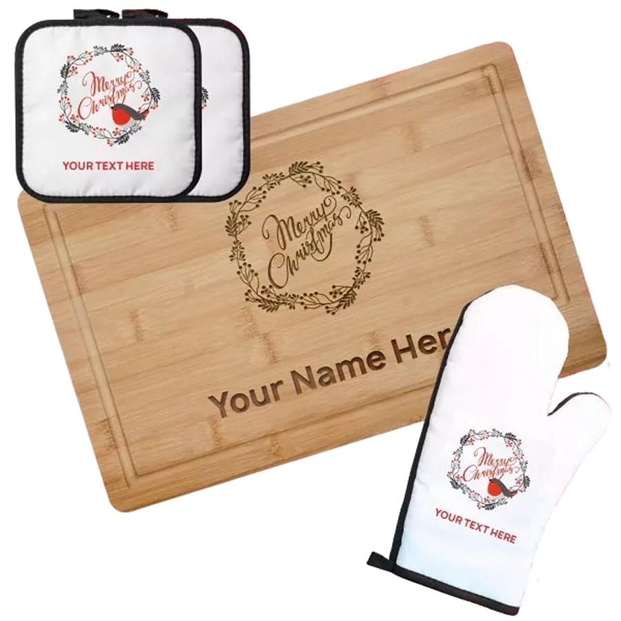 Personalized Christmas Bamboo Cutting Board, Oven Mitt & Pot Holder Set | Custom Holiday Kitchen Gift Things Engraved