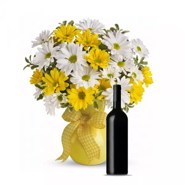 Coffret cadeau Sunshine Daises et vin rouge