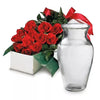 red roses in a box with vase
